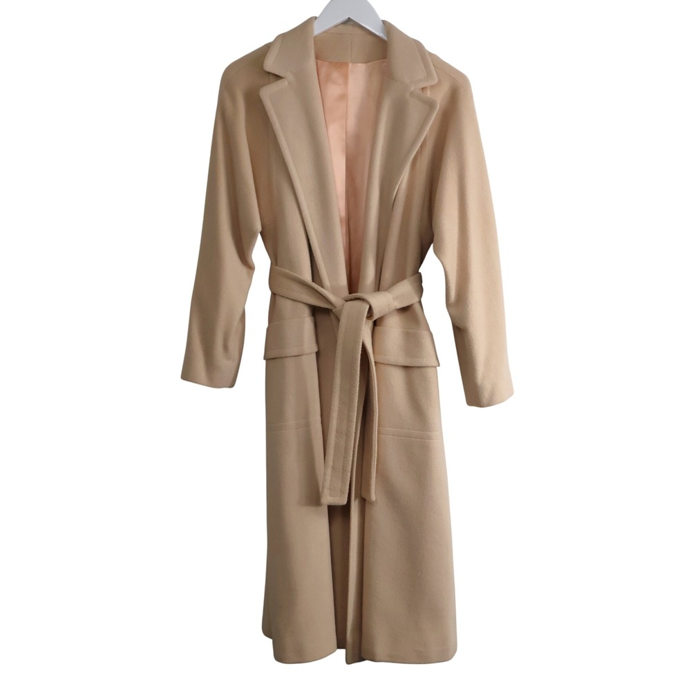 Vintage 100% Cashmere Long Coat Cream Camel Longline Wrap Belted Trench Medium